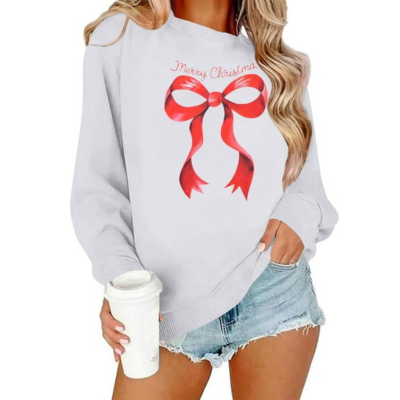 Diufon Christmas Sweatshirt for Women Cute Bow Printed Long Sleeve Crewneck Pullover Tops Fall Fashion Clothes