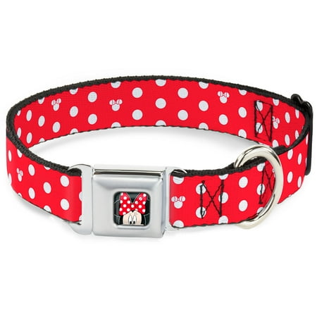 UPC: 0700146438179 | Disney Pet Collar  Dog Collar Metal Seatbelt Buckle  Minnie Mouse Polka Dot Mini Silhouette Red White  15 to 24 Inches 1.0 Inch Wide