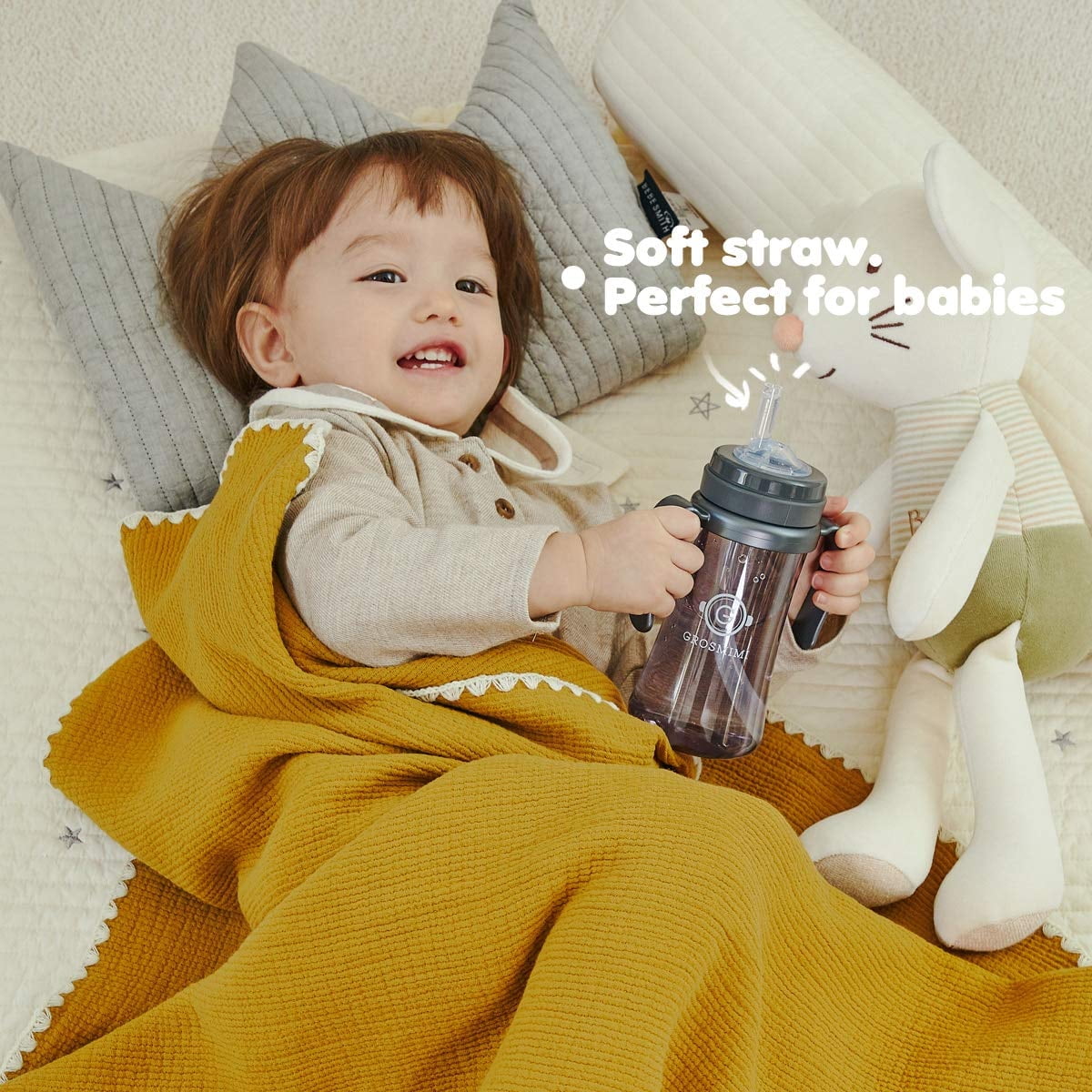 GROSMIMI Spill Proof no Spill Magic Sippy Cup with Straw with Handle for Baby and Toddlers, Customizable, PPSU, BPA Free 10 oz (Butter)