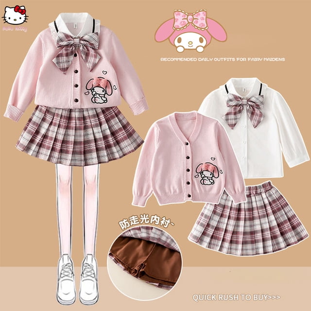 Conjunto de 3 piezas de Sanrios Anime Spring Girl para niños, conjunto de cárdigan, camisa y falda plisada estilo universitario Kawaii de moda con Cinnamoroll, Kuromi y Melody
