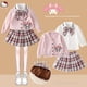 thumbnail image 1 of Conjunto de 3 piezas de Sanrios Anime Spring Girl para niños, conjunto de cárdigan, camisa y falda plisada estilo universitario Kawaii de moda con Cinnamoroll, Kuromi y Melody, 1 of 5