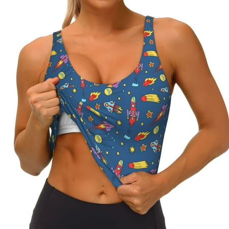 Qokaie Cosmos Rockets Pattern Womens Scoop Neck Sports Bra Breathable Workout Vest Padded U Back Medium Impact Fitness Gym Yoga Bra Workout Crop Top