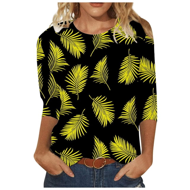 Haut Sexy Rétro Nature Col Rond Imprimé Manches 3/4 95 % Polyester, 5 % Spandex (Noir, TG)