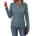 thumbnail image 4 of Ronuti Long Sleeve Shirts for Women Side Ruched Ribbed Knit Crewneck Fall Tops, 4 of 10
