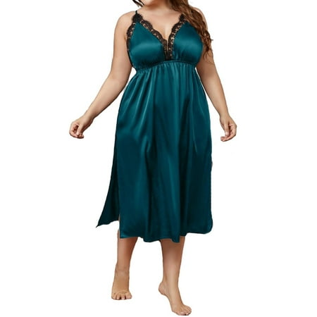 

Sexy Colorblock Spaghetti Strap Slip Dress Teal Blue Sleeveless Plus Size Nightgowns & Sleepshirts M