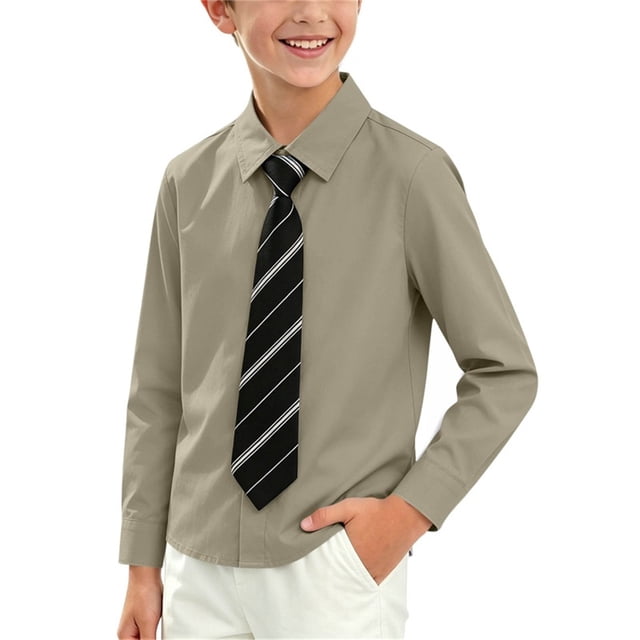 Odeerbi Camisa de Vestido Para Niños Con Corbata A Rayas Camisas de Uniforme Escolar de Manga Larga