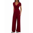 thumbnail image 3 of Womens V Neck Short Sleeve Top Wide Leg Pants Casual Comfortable Outfit Set Two Piece Wine Red [Short Sleeve] XS, 3 of 5