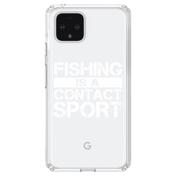 DistinctInk Clear Shockproof Hybrid Case for Google Pixel 4 (6.1" Screen) - TPU Bumper Acrylic Back Tempered Glass Screen Protector - Fishing is a Contact Sport