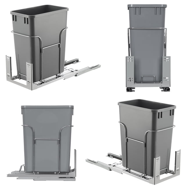 BeesClover Pullout Under-Cabinet Trash and Recycling Bin with Soft-Close Full-Extension Slides, Space-Saving Gray Stainless Steel Multi-Purpose Waste Container with 100 lb Weight Capacity