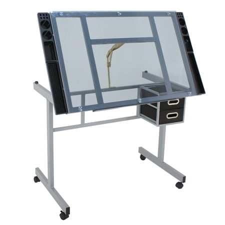 ZENY Adjustable Glass Drafting Table Art Desk with Tiltable Top, 2 Drawers & Rolling Wheels for Artists, Home Office, Craft Station