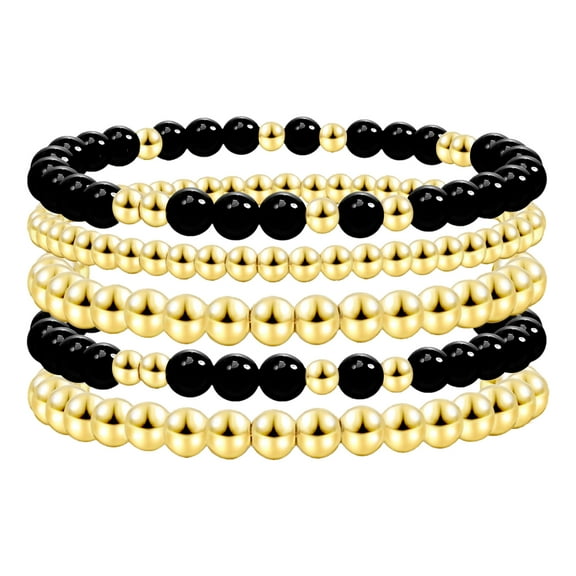 Avaner Gold Beaded Bracelets for Women White Black Beads Bracelets Gold Filled Bead Ball Stretch Elastic Stackable Layered Sets Trendy Dainty Jewelry