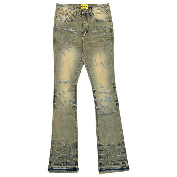 GFTD LA Los Angeles Men's Skinny Stacked Flared Jeans Jack Distressed Rip Denim (29, Vintage Blue Wash)