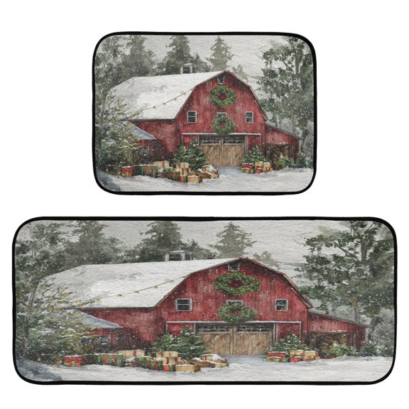 2-Piece Kitchen Rugs Set Non-Slip Mats Carpet Floor for Kitchen, Bathroom (19.7"x27.6" & 19.7"x47.2") Old Red Barn