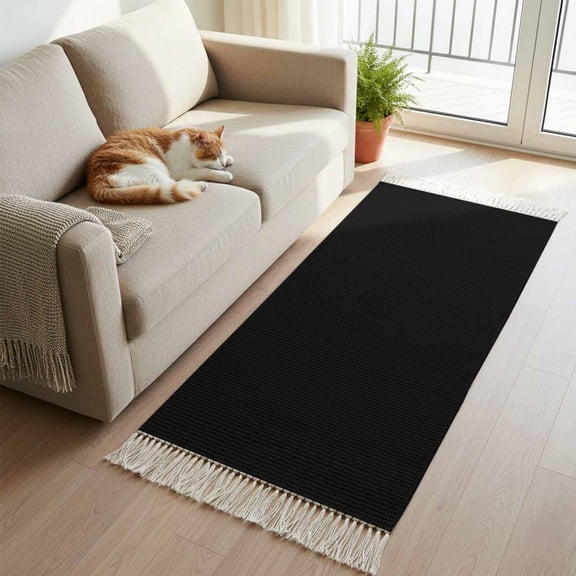 Hallway Runner Rug 2'x 6', Black Reversible Washable Rug with Tassels, Solid Color Farmhouse Black Decorative Modern Soft Carpet Mat for Living Room, Kitchen, Dining Room