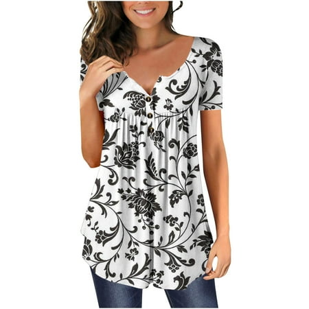 

Womens Tops Oversized T Shirts for Women Women s Leisure Short Sleeve Open Button Crew Neck Loose Fit Pleated Tunic Shirt Blouse Tops Backless Top White Crop Top Clearance White M