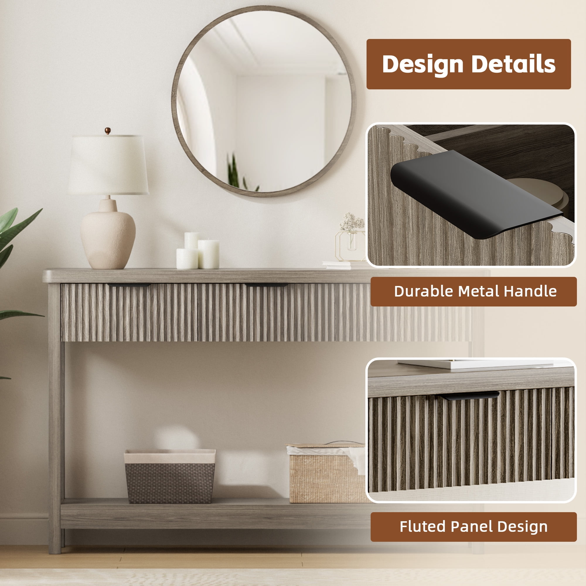 Laintene Console Table for Entryway, 51" Fluted Sofa Table with 3 Drawers and Open Shelf, Modern Narrow Display Shelf for Hallway Living Room, Gray Oak Set of 2