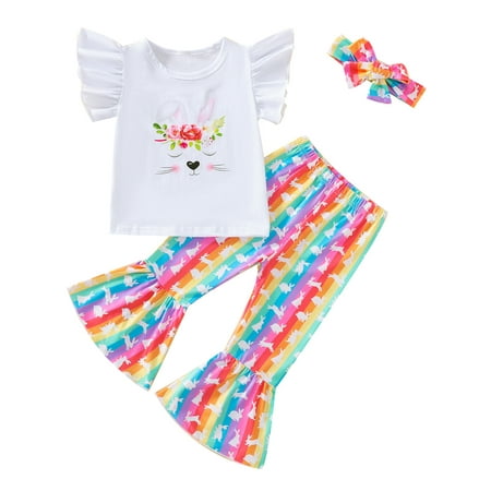 

CenturyX Toddler Baby Girl Easter Clothes Set Cartoon Bunny Print Tops Rainbow Rabbits Flare Pant Headband 3-4 Years