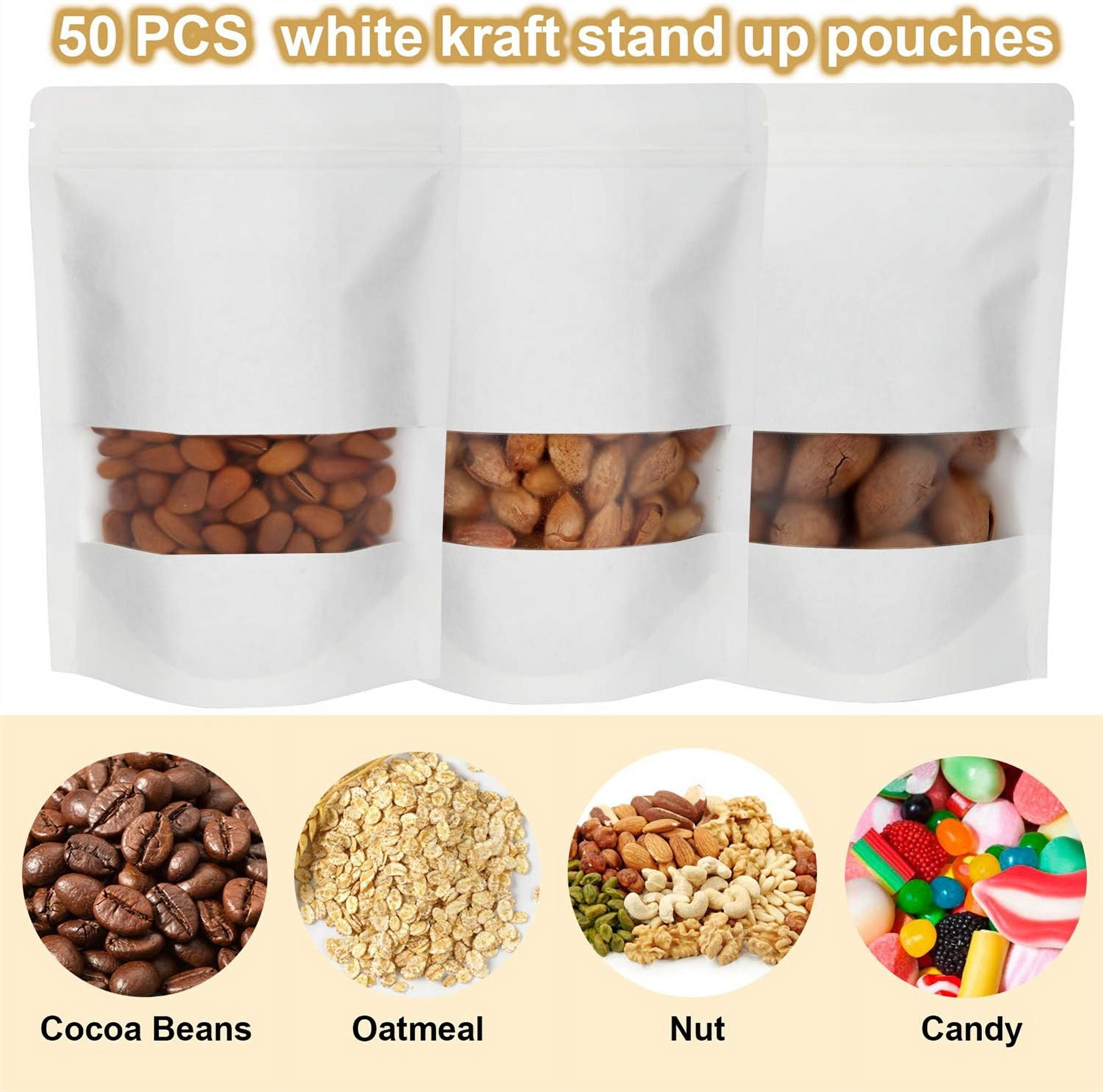 50 Pcs White Kraft Paper Bags,Sealable Stand Up Pouches Bags,Resealable Food Packaging Bags,Zip Lock Food Storage Bags with Clear Window,for Cookies Snacks Storage 5.9" x 8.6"
