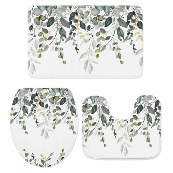 Sage Green Eucalyptus Leaf Bathroom Rugs Set Spring Country Farmhouse Plants Leaves Non Slip Absorbent Soft Bath Mats 3 Piece Set with Bathroom Rug, U-Shaped Floor Mat, Toilet Seat Cover Large Size