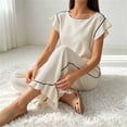 thumbnail image 7 of Tqcoqu Women's 2 Piece Pajama Set, Round Neck Ruffle Short Sleeve Contrast Piping & Drawstring Ruffle Hem Wide Leg Pants, Loungewear Sleepwear for Women, 7 of 7