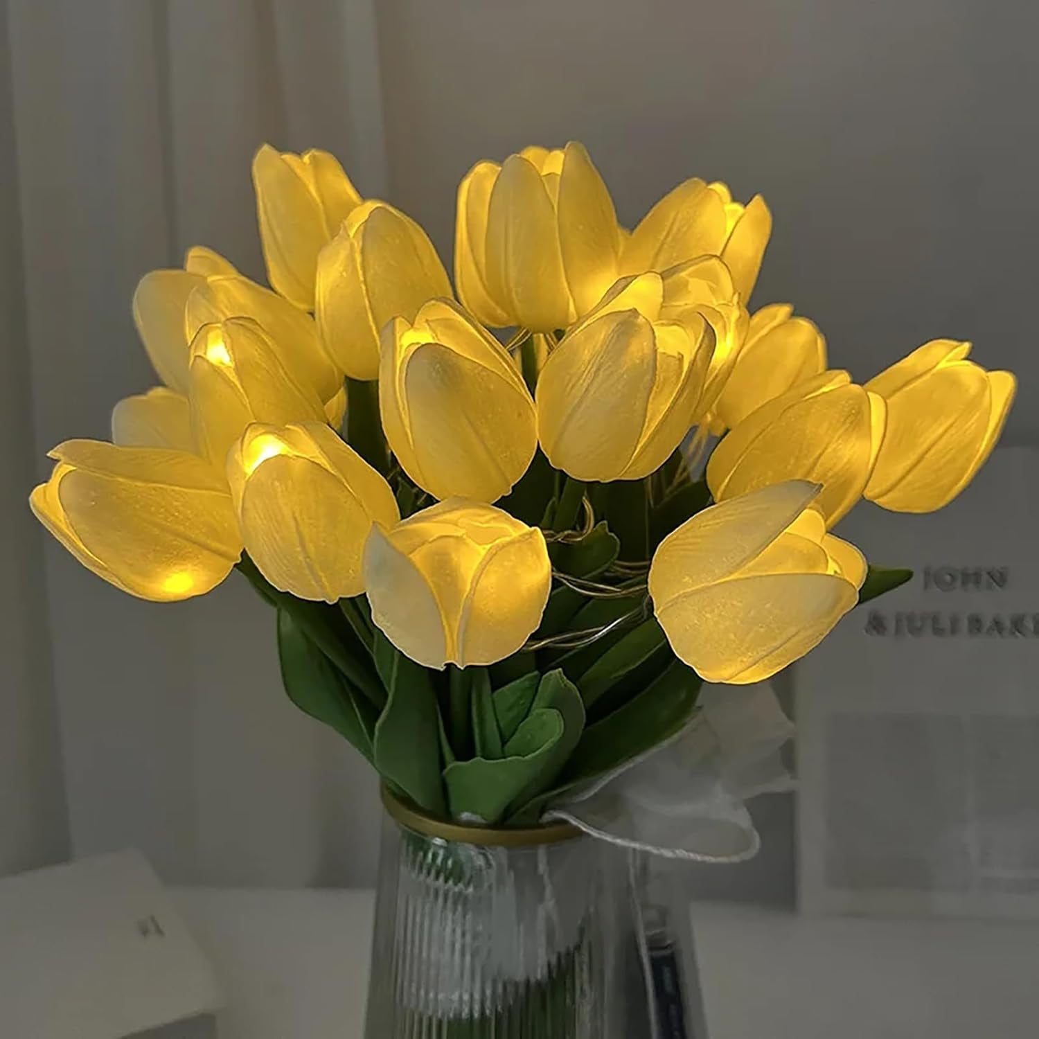 Artificial Tulip Flowers LED Lights Fake Tulips Bouquet Battery Powered Real Touch Led Night Light for Home Office Table Centerpiece Wedding