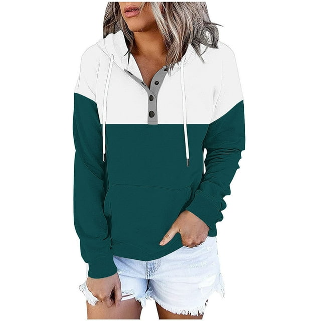 JGGSPWM Chandails à Capuche Contrastants pour Femmes avec Col à Boutons et Cordon de Serrage, Chandail Décontracté à Manches Longues Vert m