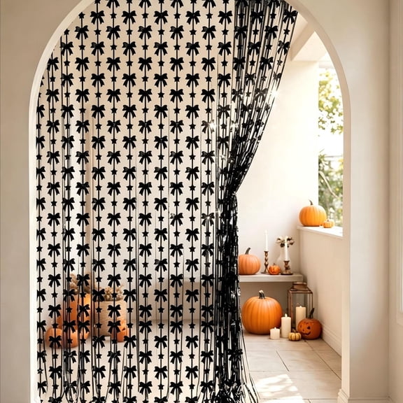Black Bow Foil Fringe Curtains, Metallic Tinsel Backdrop Streamers for Gothic Birthday Halloween Party, Bachelorette Graduation Witch Decor