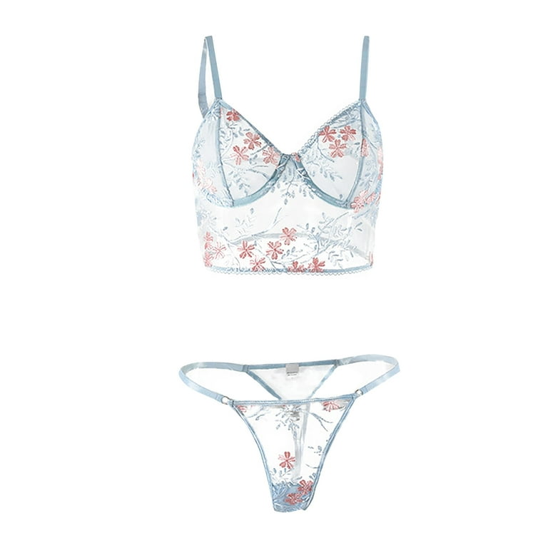 YDKZYMD Wedding Lingerie Set Mesh Embroidered Floral Plus Size Sexy Bra and Panty  Sets for Women Light blue S 