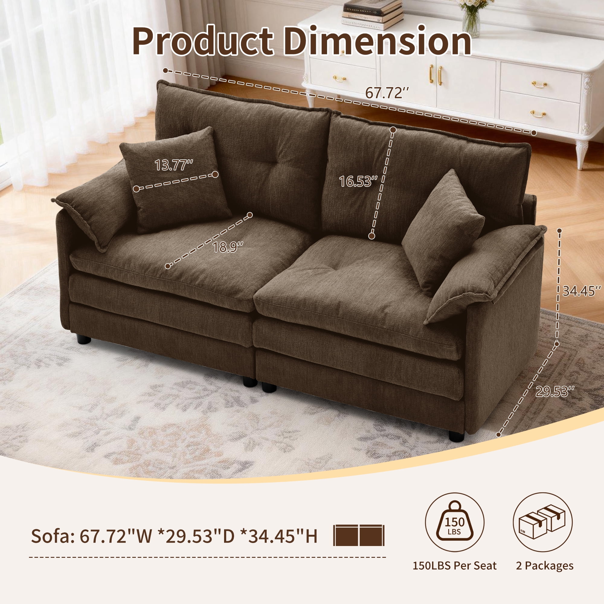 Korser Loveseat Sofa with Deep Seat Cloud Couch with 2 Pillows,Chenille 2-Seater Sofa Small Couch for Living Room,Assembly Required,Brown
