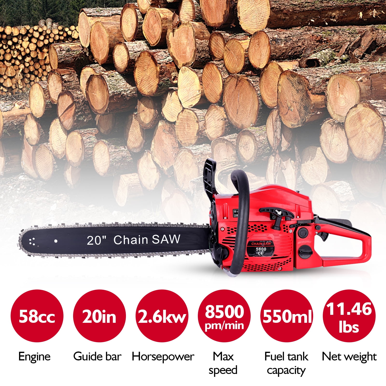 Two-Stroke 58CC Chain Saw, 20 Inches, 2200W, Chain Saw Set, Complete Accessories Ready For Use, Two-Hole Heat Dissipation, Soft Leather Handle, Safety Brake, Efficient Felling Saw