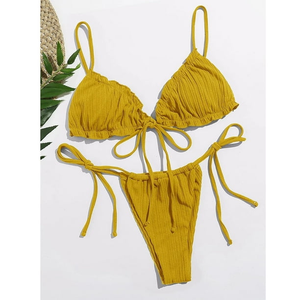 Finelylove Swimsuits Padded Sport Bra Style Bikini Yellow XL