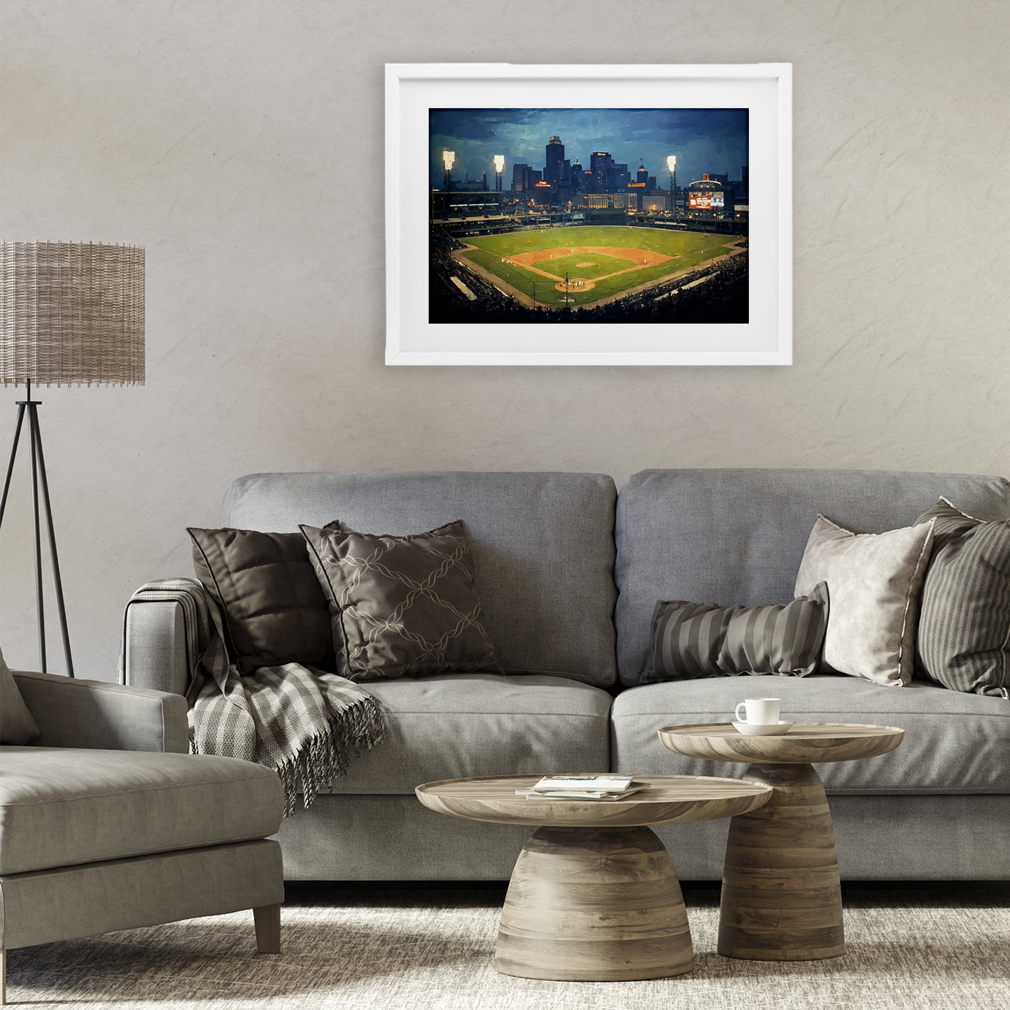 Baseball Stadium at Night White Framed Print Under Glass, design by Arlington Prints