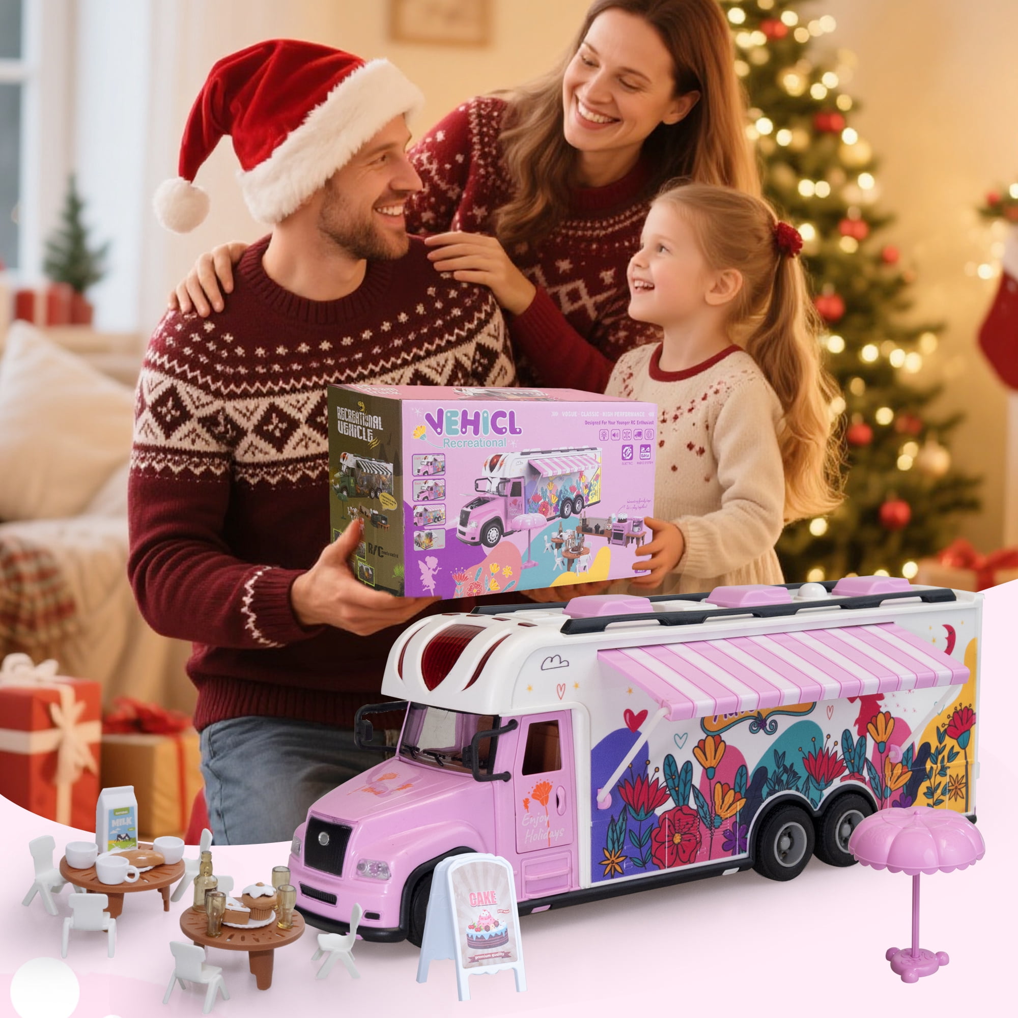 SaveJoy Remote Control Cars, 1:18 RC Car Recreational Vehicle, Toys Campervan RC Motorhome for Kids Boys Girls, with Playset, Pink