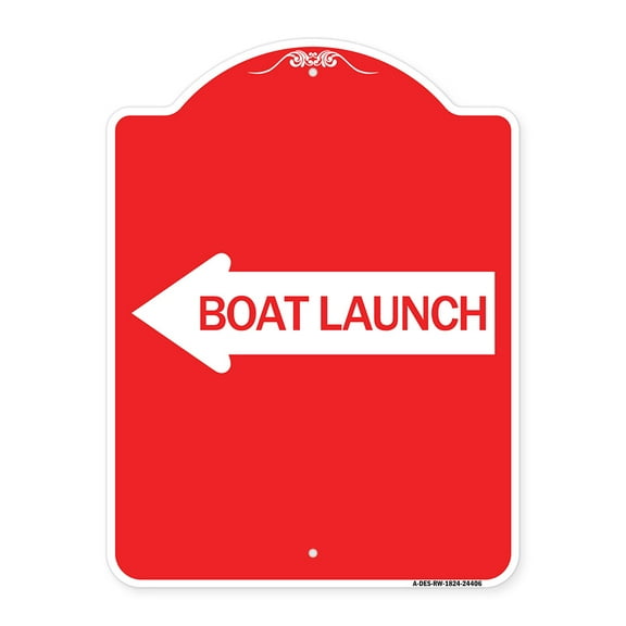 SignMission A-DES-RW-1824-24406 18 x 24 in. Designer Series Sign - Boat Launch with Left Arrow, Red & White