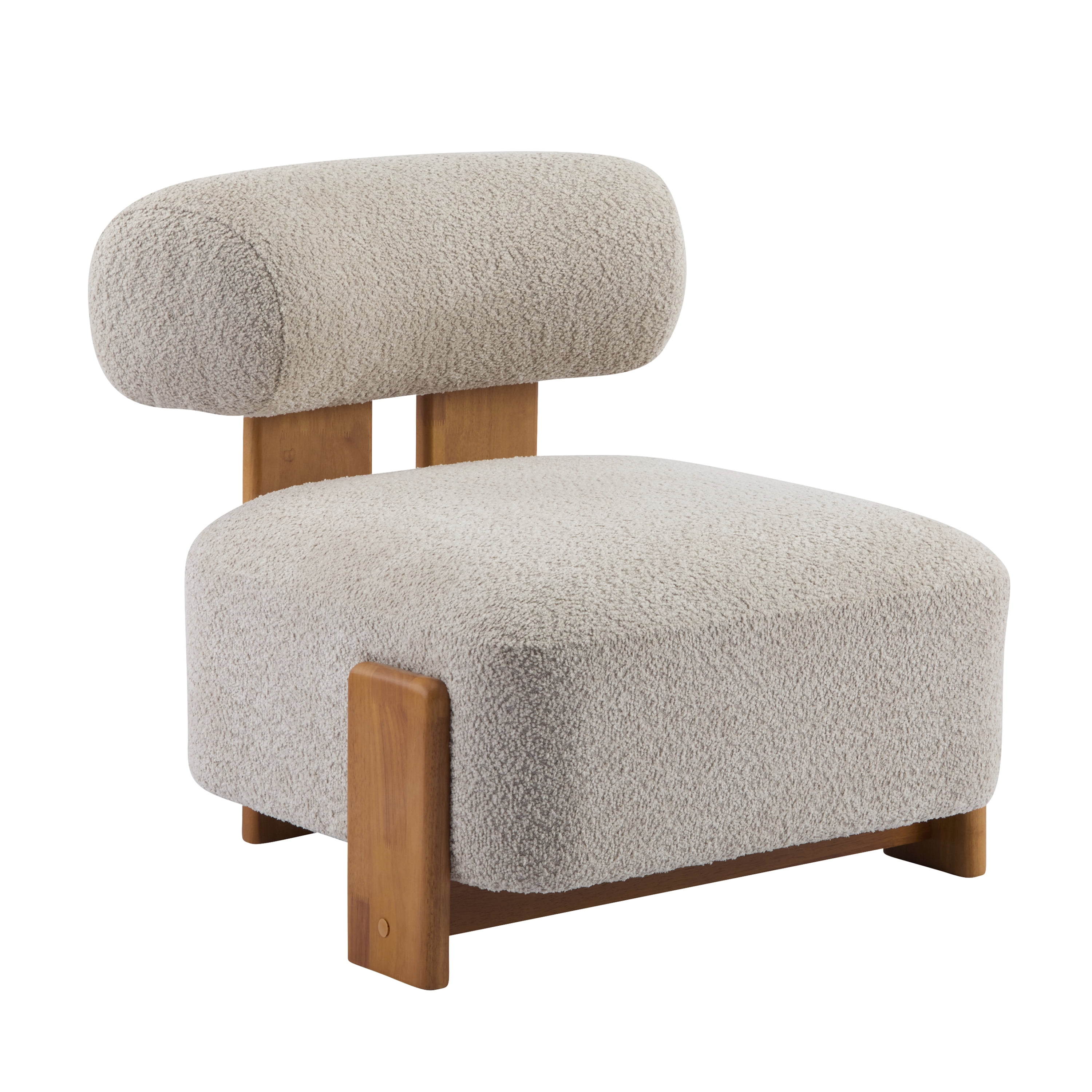 Boucle Lounge Chair 27.25 Inch, Solid Wood Frame with Rolled Backrest for Living Room Bedroom Office, Almond