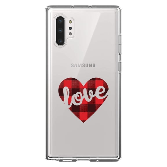 DistinctInk Clear Shockproof Hybrid Case for Galaxy Note 10 PLUS (6.8" Screen) - TPU Bumper Acrylic Back Tempered Glass Screen Protector - Buffalo Love Heart - Red Black Plaid