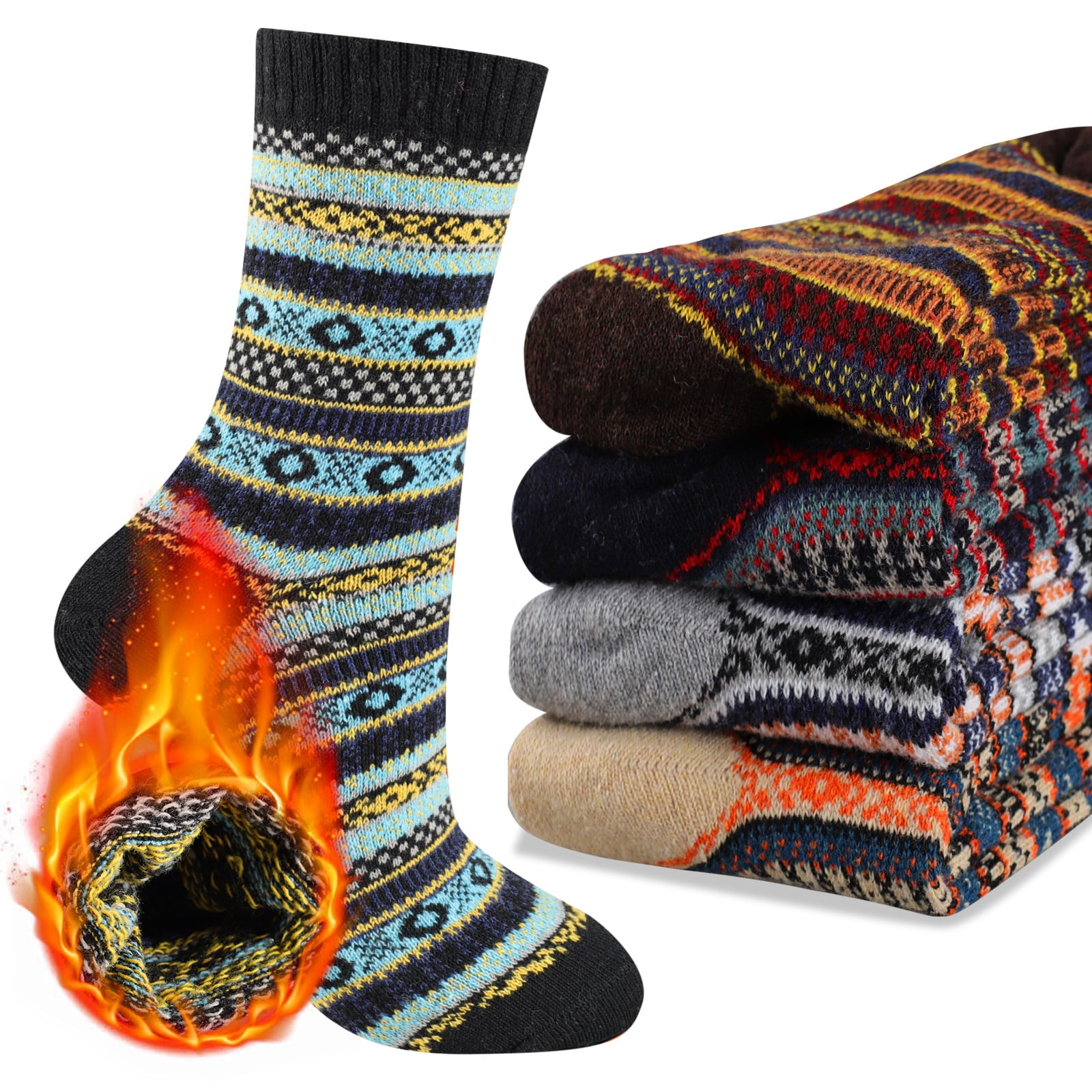 COOPLUS Mens Wool Crew Socks Warm Knit Vintage Socks for Men Thermal ...