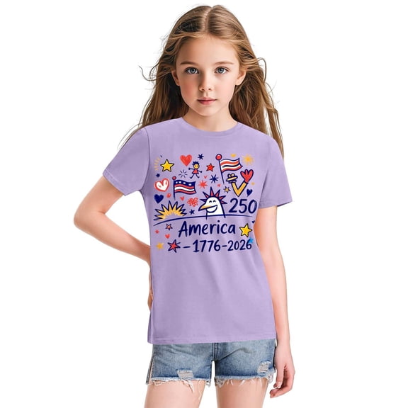 CCRFTGI 4th of July Tops for Kids Girls Size 10-12 Short Sleeve Happy 250th Anniversary 1776-2026 Summer Patriotic Tunic Blouses 1776 Festival Girls Clothes Tee Top Purple 5-6 Years