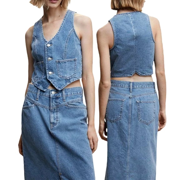 Women Y2K Button Down Denim Vest Sexy Sleeveless Denim Crop Top Low Cut Strapless Jean Corset Bustier Streetwear
