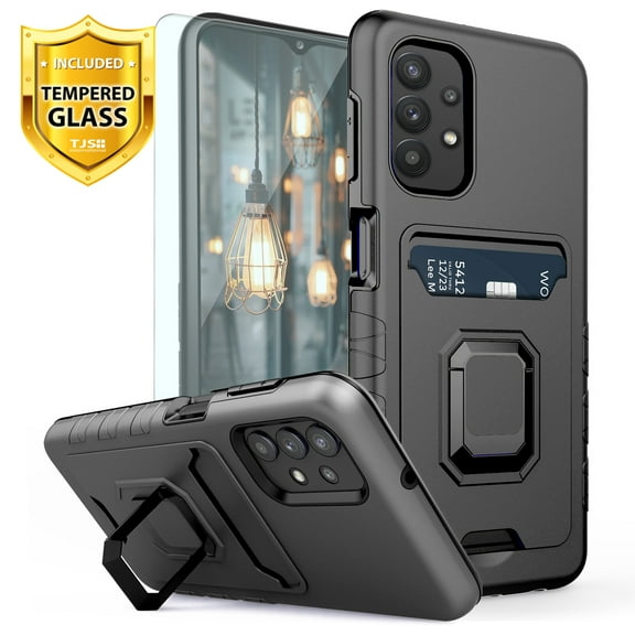TJS Phone Case for Samsung Galaxy A32 5G, with [Tempered Glass Screen Protector] Impact Resistant Metal Ring Magnetic Support Kickstand Card Slot Cover (Black)