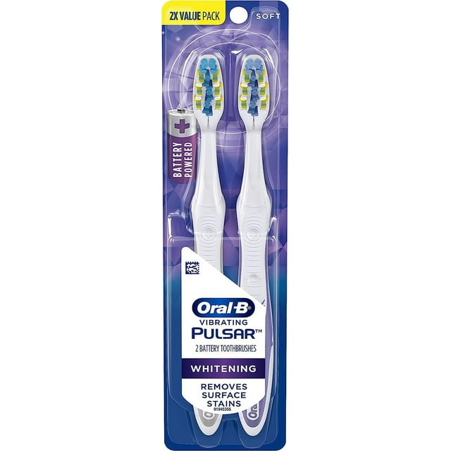 Oral-B Pulsar, cepillo de dientes 3D White Advanced Vivid Soft con batería, paquete doble, paquete de cepillo de dientes, artículos básicos de viaje (los colores pueden variar)