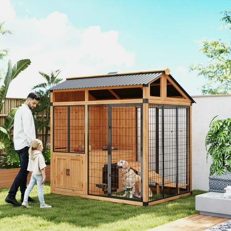 PawHut Extra Large Dog House, Wood Outdoor Dog Kennel with Platform, Storage Cabinet, Waterproof Roof, Stainless Steel Bowls for Large Breeds, Yellow