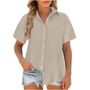 Posijego Button Down Shirt for Women Plus Size Short Sleeve Shirts Collared V Neck Summer Cotton Linen Tops