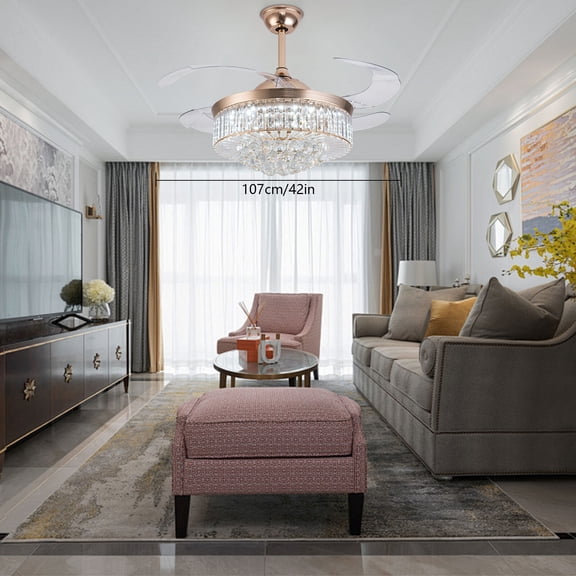 Crystal Ceiling Fan Light, 42x5.9x15.7-21.5in, Gold Hardware & PC, Electroplated Finish, Pure Copper Motor, 35dB Low Noise, Remote Control, 6-Speed, 3 Light Colors, for Living Room