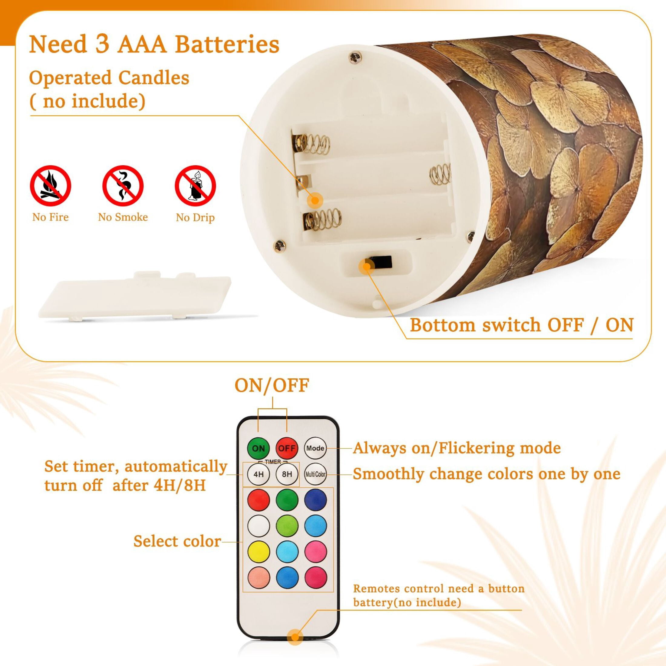 Brown Three Leaf Flickering Flameless Candles Battery Operated with Remote Timer LED Pillar Candles Set of 2