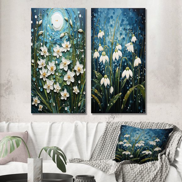 Designart "White Snowdrops landscape Pointillism III" Snowdrops Wall Art Set Of 2 - White Floral Canvas Set For Living Room Decor