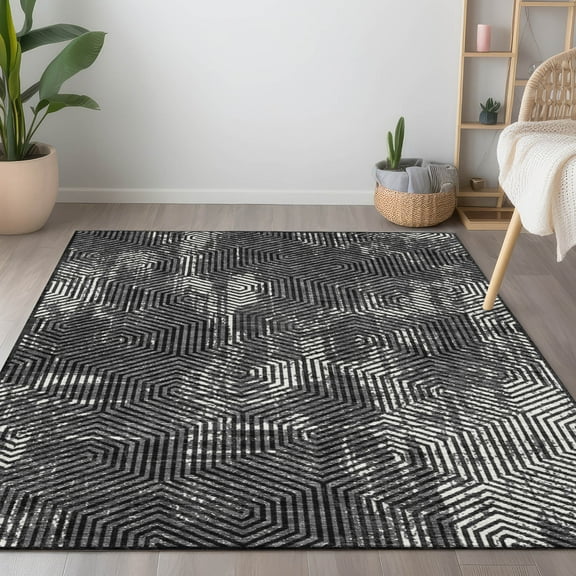 Addison Rugs Chantille Indoor/Outdoor Transitional Geometric Black Washable Rectangle Rug, 9' x 12'