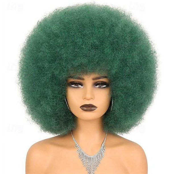Zhuge Peluca afro suave de los años 70 para mujeres Pelucas de cabello afro rizado con flequillo Peluca afro de cabello sintético Peluca afro para uso diario en fiestas, Verde oscuro