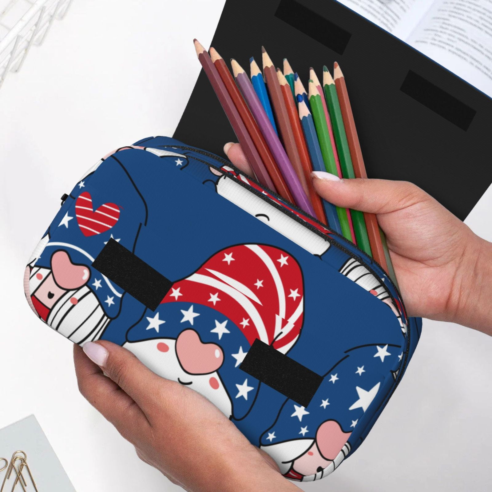 Rateoe Three Gnome Independence Day Pattern Double Clamshell Pen Case, Storage Organizer with Two Zipper Compartments– Holds Up to 50 Pencils & Pens