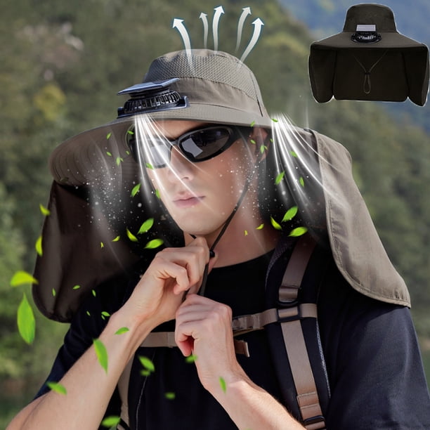 Gorra de pesca recargable con ventilador solar, ala ancha y cubrecuello | Malla transpirable impermeable, protección solar para hombres, mujeres, senderismo, jardinería y montañismo.